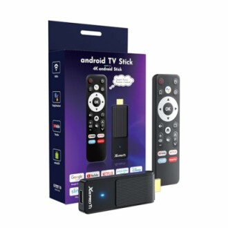 Android TV stick with remote and packaging.