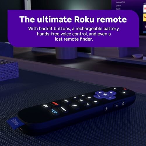 Roku remote with backlit buttons and rechargeable battery.