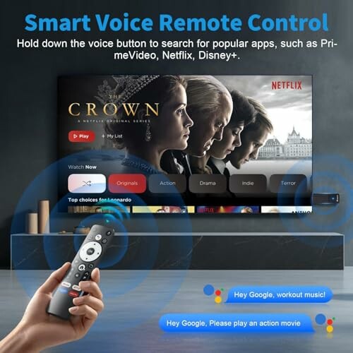 Smart TV with voice remote control displaying streaming apps and options.