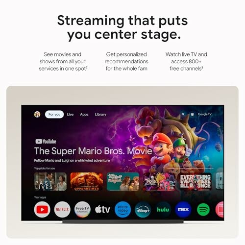 Streaming service interface displaying The Super Mario Bros. Movie with various app icons.